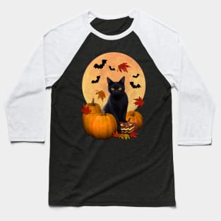 Black Cat Harvest Moon & Pumpin Halloween Baseball T-Shirt